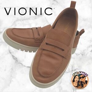 Vionic Uptown Loafer Women 7 Wide Tan Leather Penny Slip On Platform Sneaker